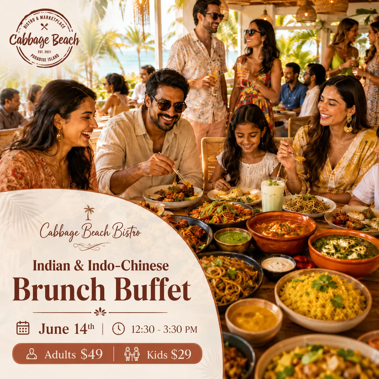 Family enjoying Indian and Indo-Chinese brunch buffet at Cabbage Beach Bistro